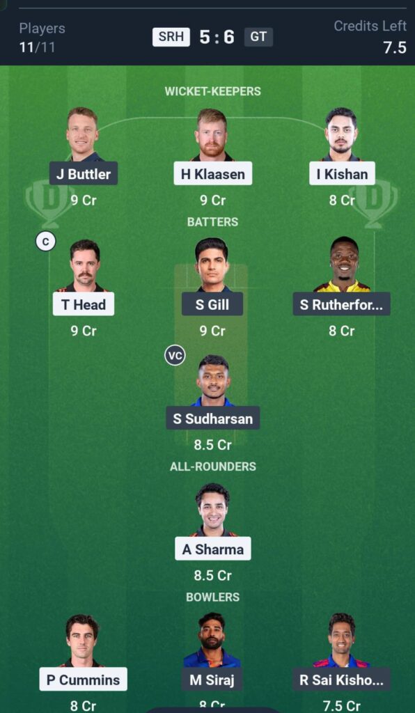 GT vs SRH IPL T20 Dream11 Prediction