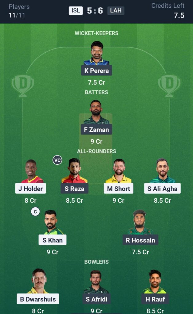 ISL vs LAH T20 Dream11 Prediction