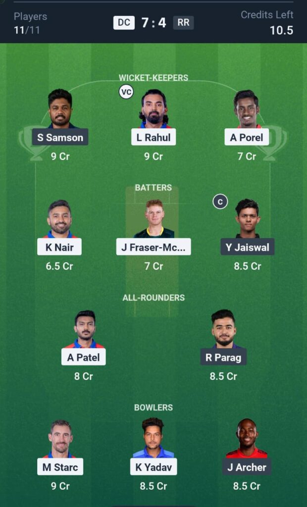 DC vs RR T20 Dream11 Prediction