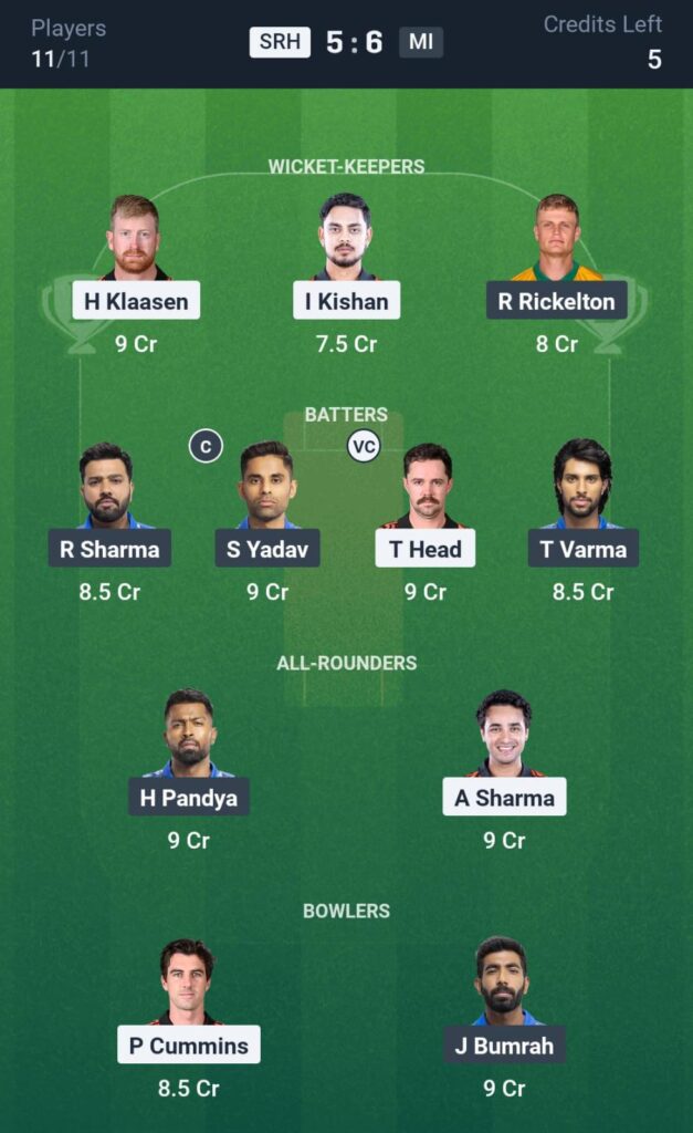 SRH vs MI T20 Dream11 Prediction
