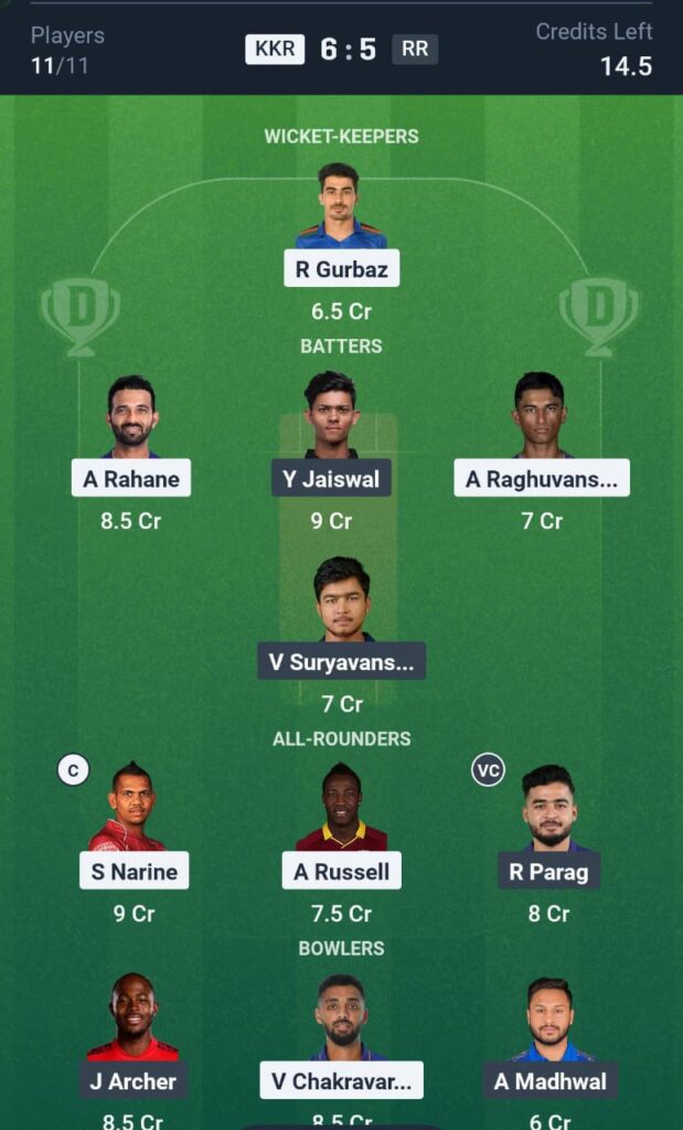 kkr vs rr dream11 prediction