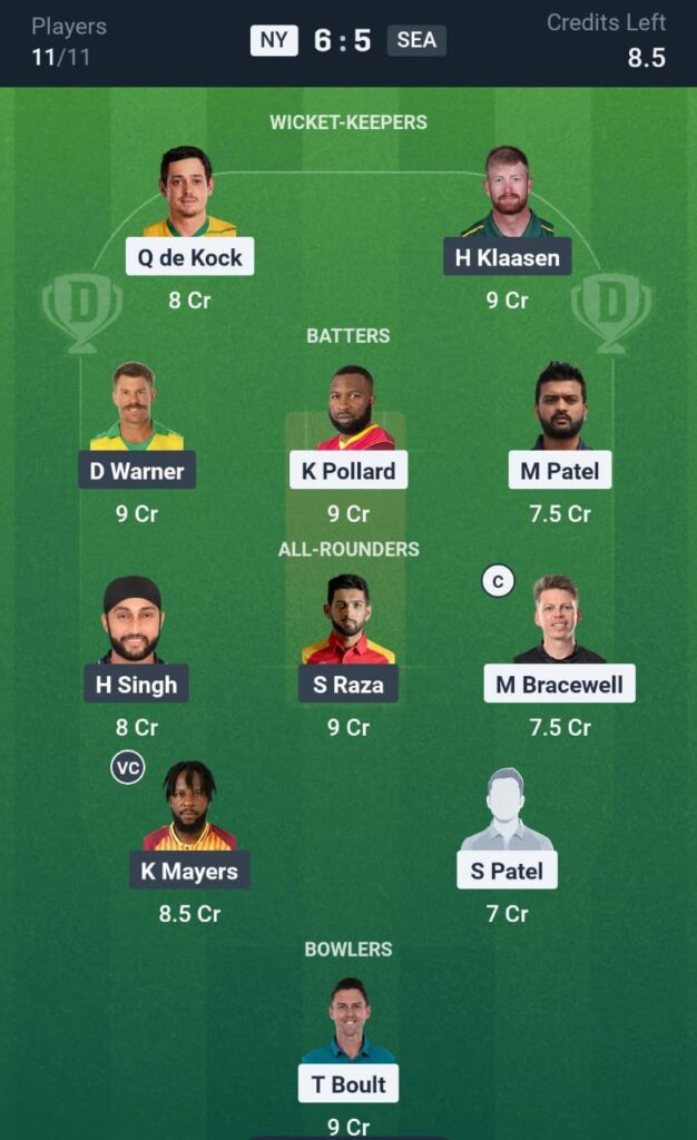 NY vs SEA T20 Today Dream11 Prediction