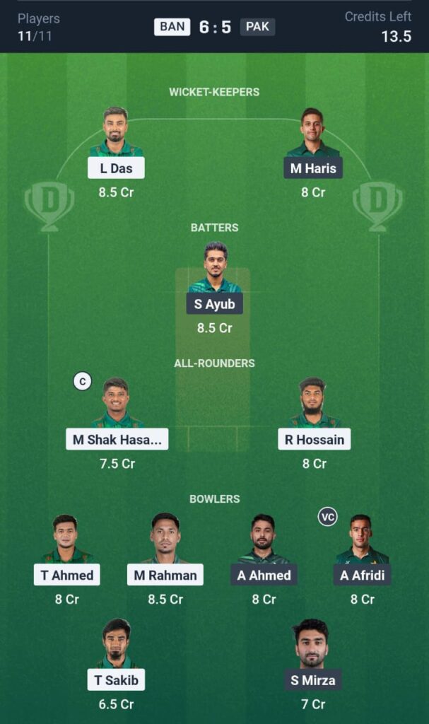 BAN vs PAK T20I Today Dream11 Prediction