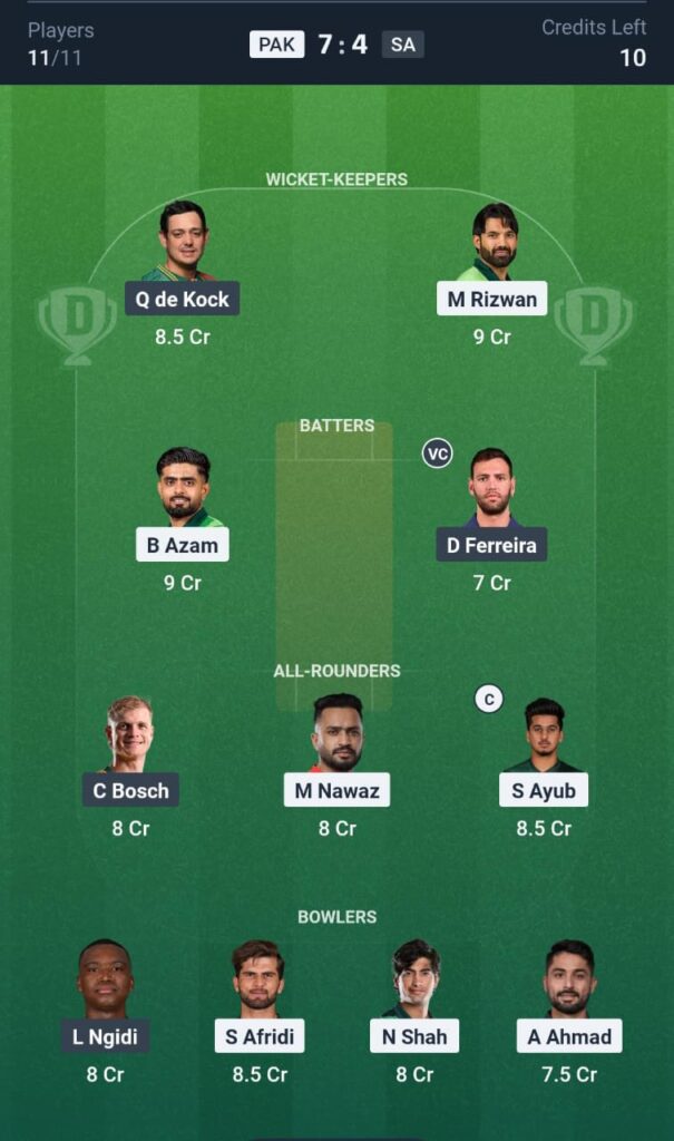 PAK vs SA 2nd ODI Dream11 Prediction