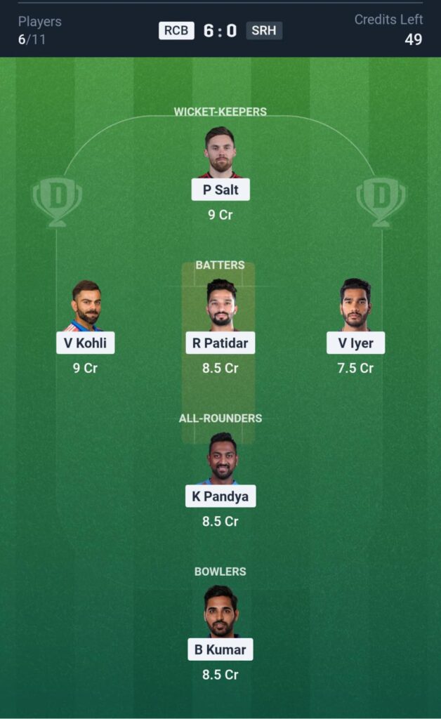 RCB vs SRH Dream11 Prediction Today