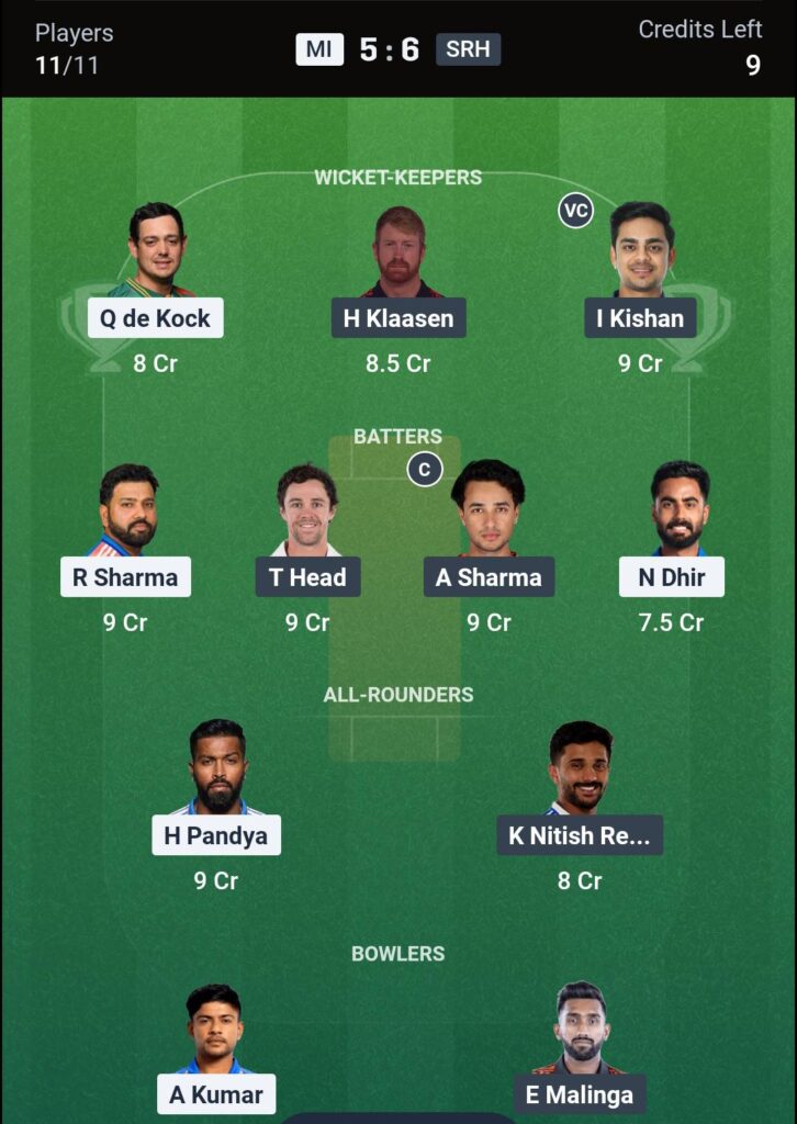 MI vs SRH Dream11 Prediction Today