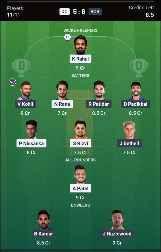 DC vs RCB Dream11 Prediction Today
