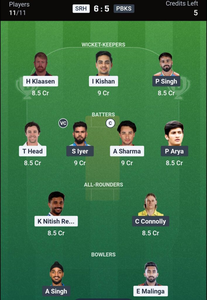 SRH vs PBKS Dream11 Prediction Today