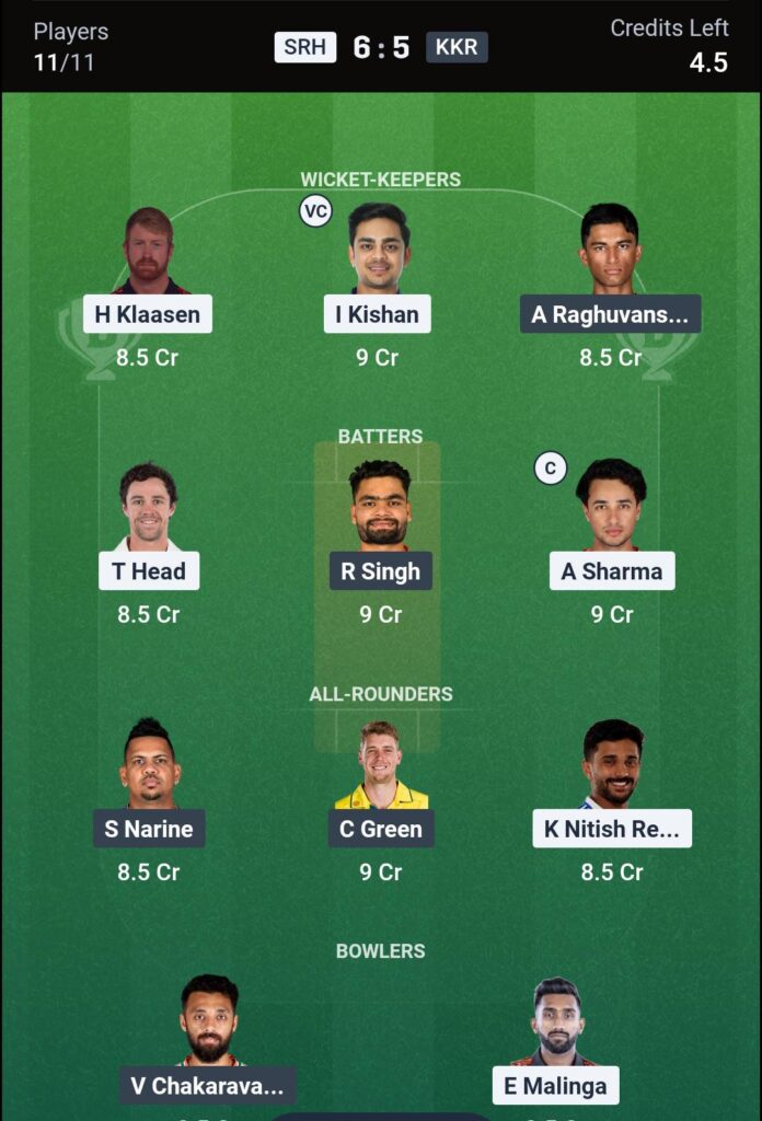 SRH vs KKR Dream11 Prediction Today