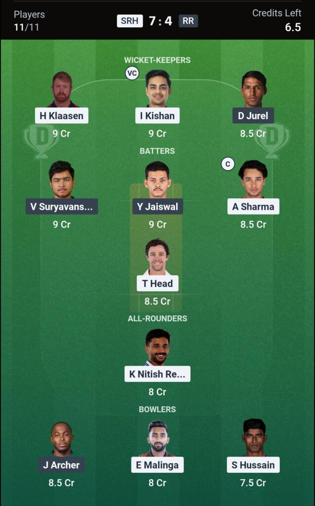 SRH vs RR Dream11 Prediction Today